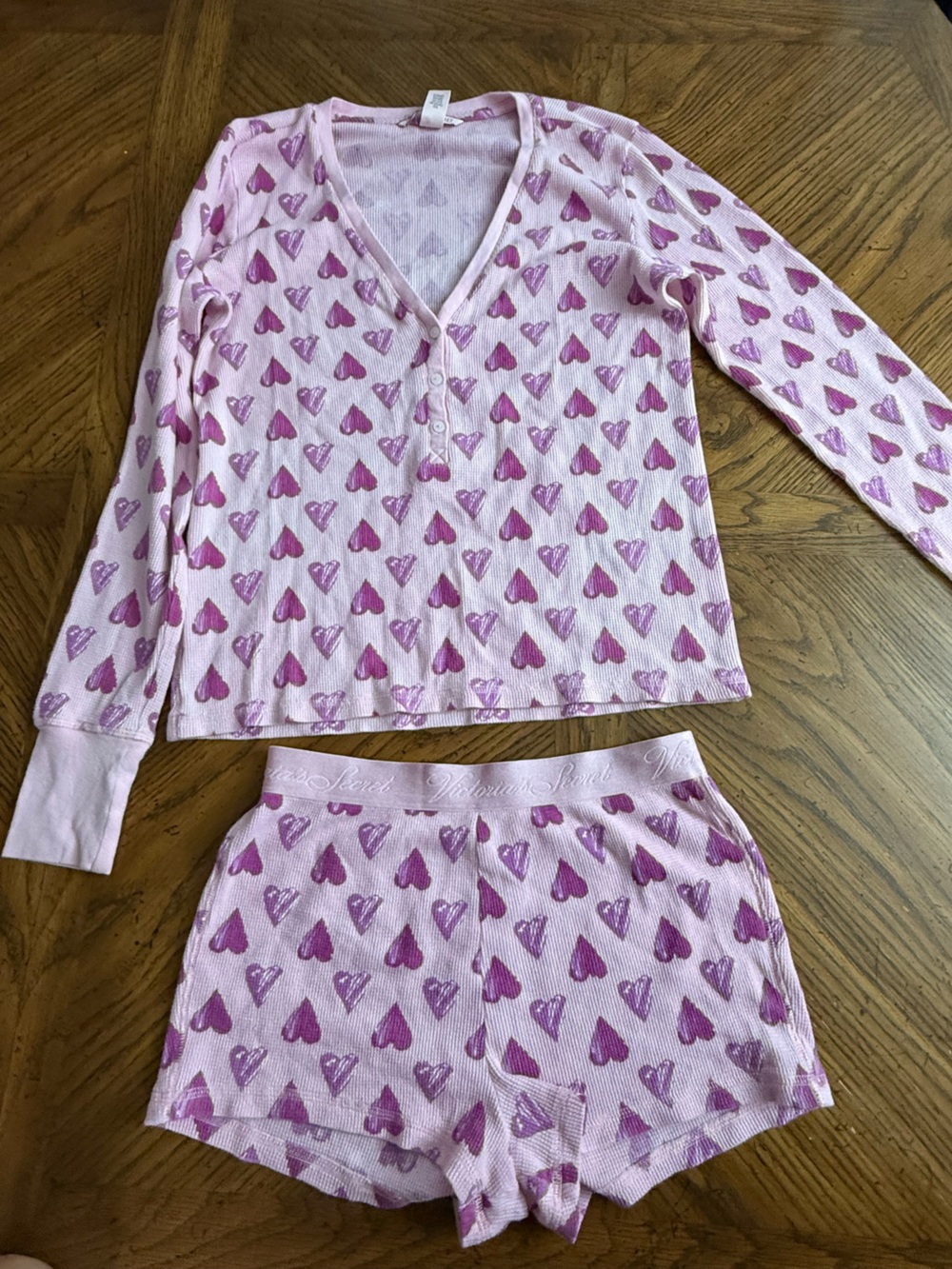 Victoria’s Secret Thermal Pajama Short & Long Sleeve Set Pink & Purple Hearts S
